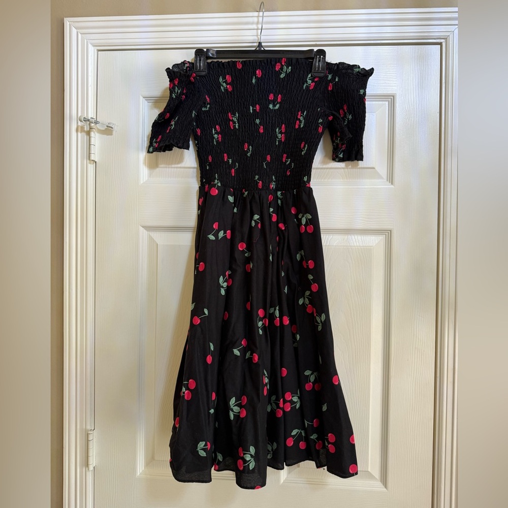 Black Cherry Print Off-Shoulder Dress
